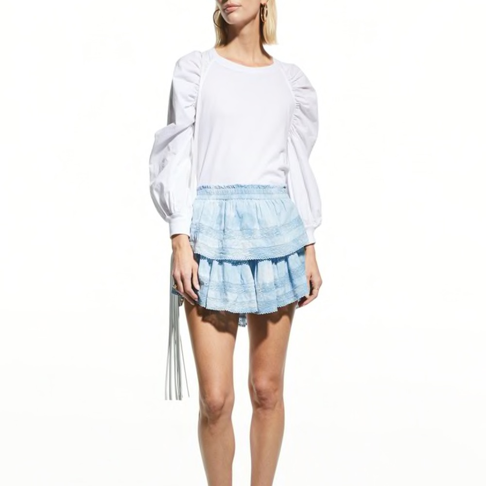 LoveShackFancy Light Blue Tiered Lace Mini Skirt